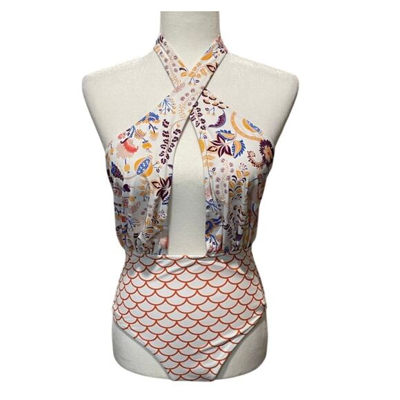 Cupshe Other - CUPSHE One Piece Swimsuit NWT Sz M Mermaid Floral Halter Tie Neck Deep Plunge